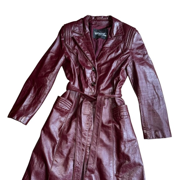 70s vintage Wilson's leather Burgundy cherry red leather trench coat with belt - Picture 2 of 6